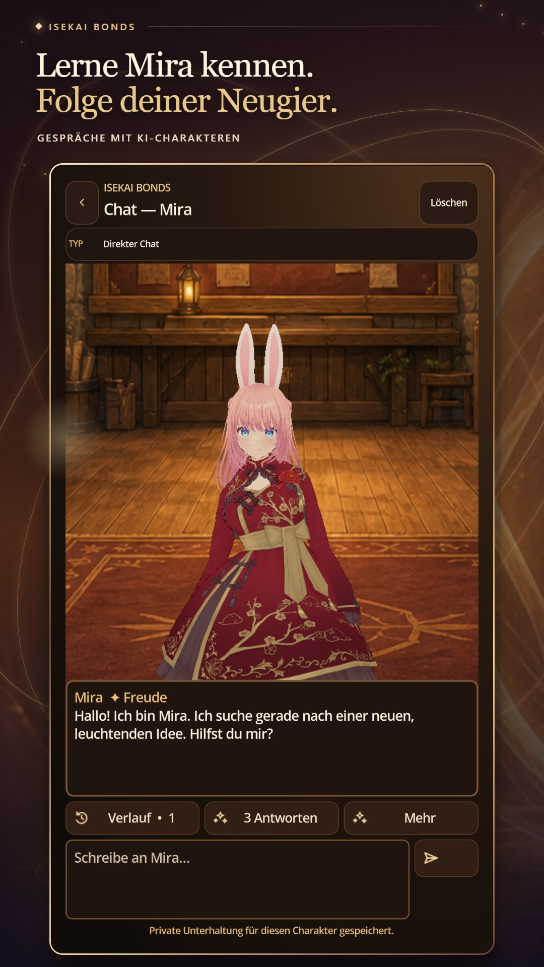 Charaktergespräch mit Miras animiertem VRM-Avatar in Isekai Bonds