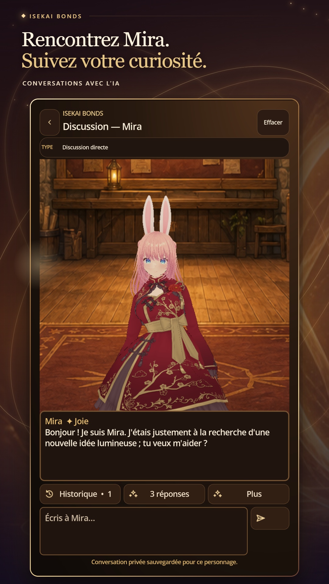 Conversation avec Mira et son avatar VRM animé dans Isekai Bonds