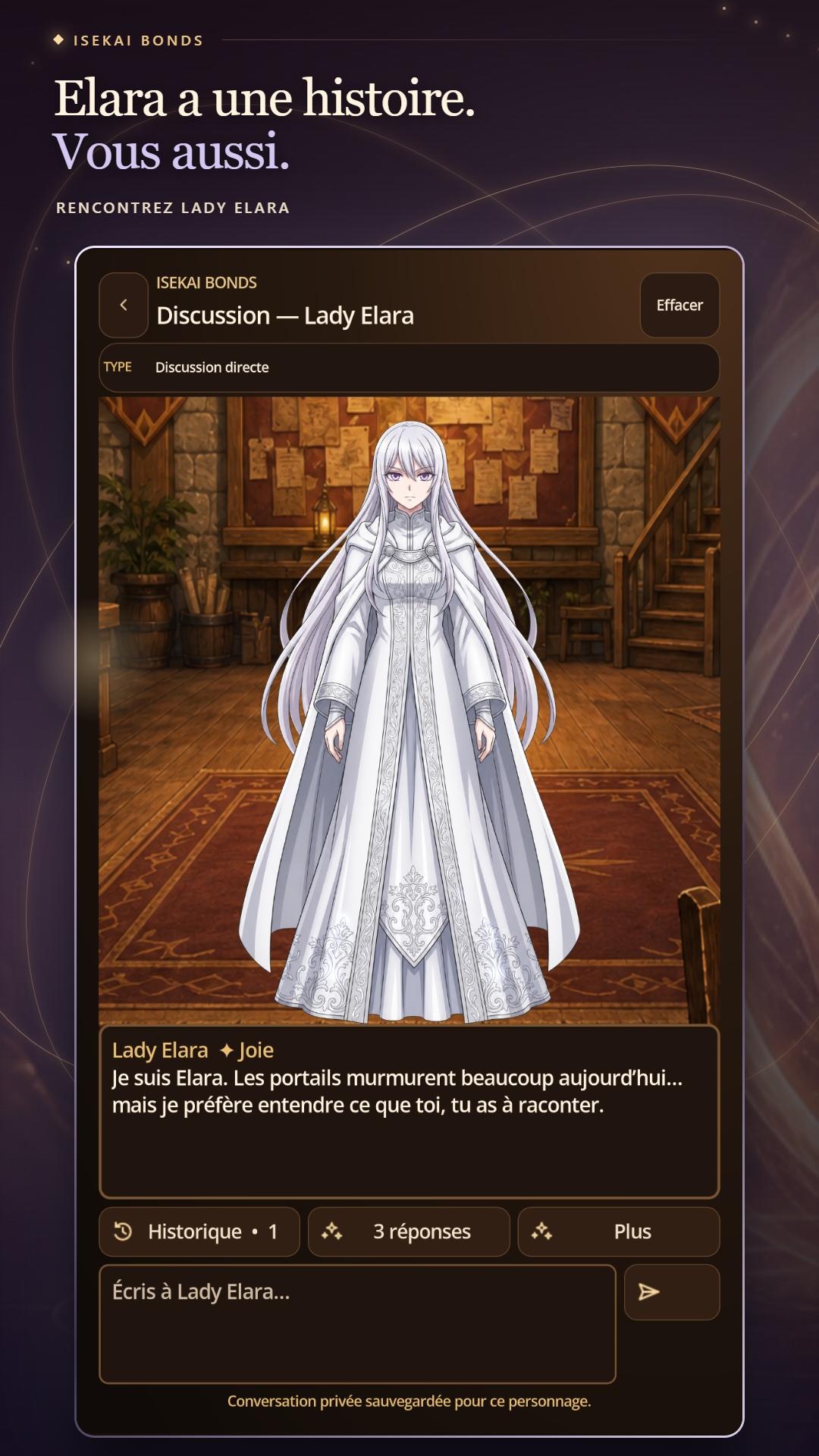 Conversation avec Lady Elara dans Isekai Bonds