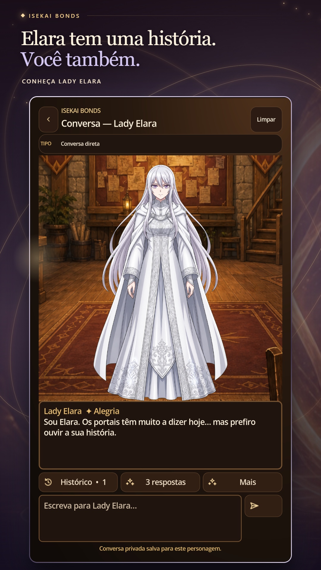 Conversa com Lady Elara no Isekai Bonds