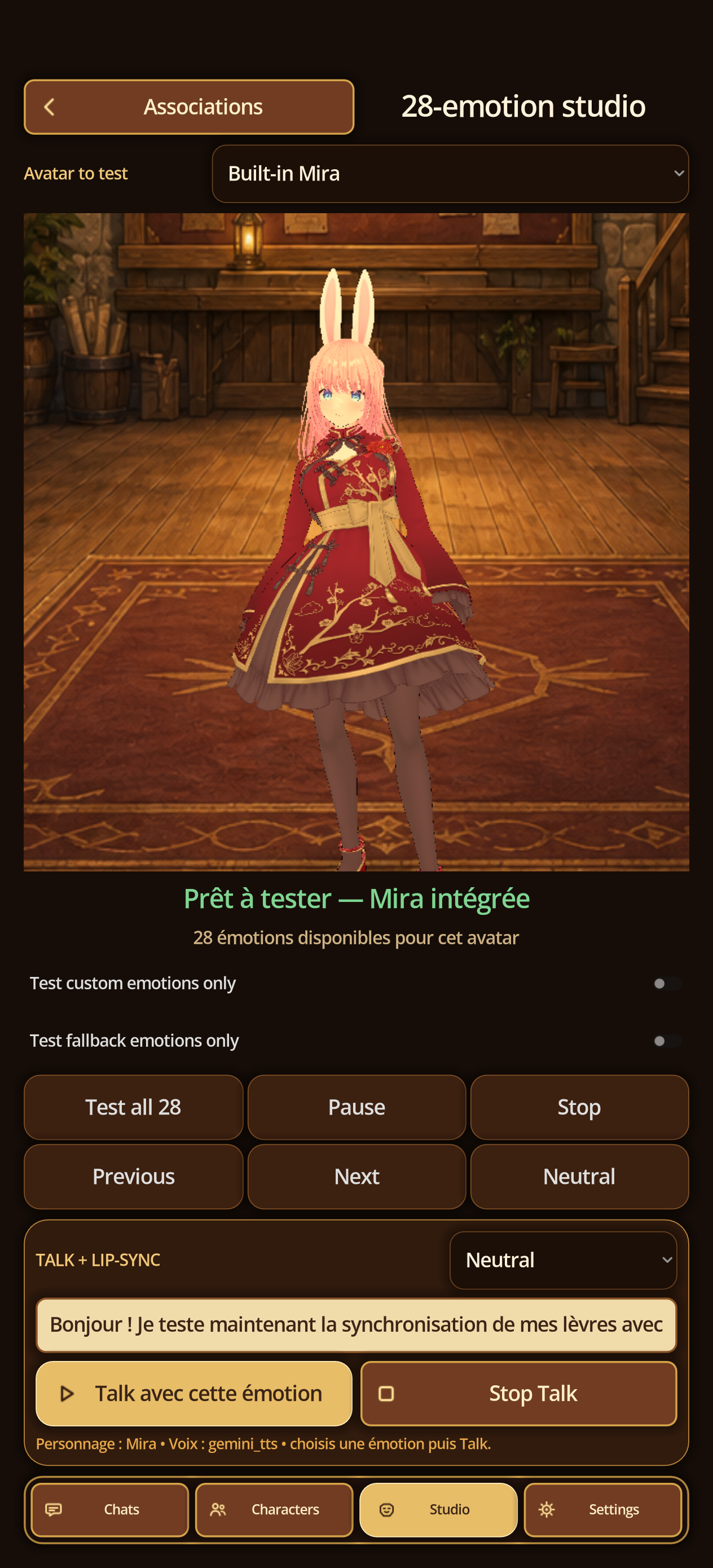 Avatar Studio displaying the built-in Mira avatar