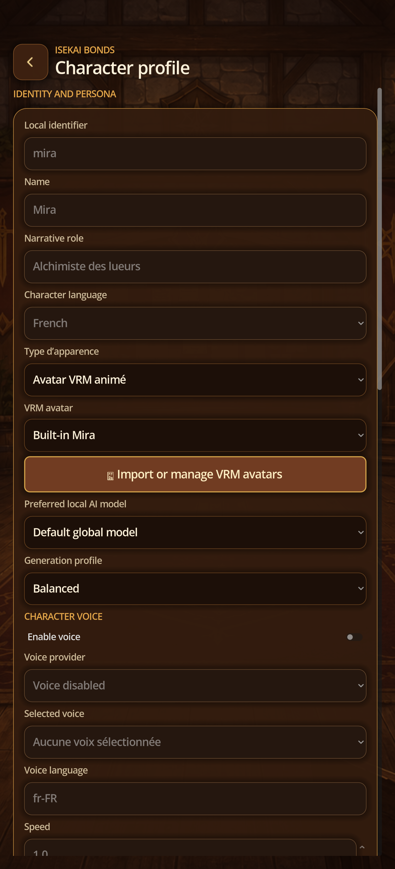 Character profile with avatar and model choices