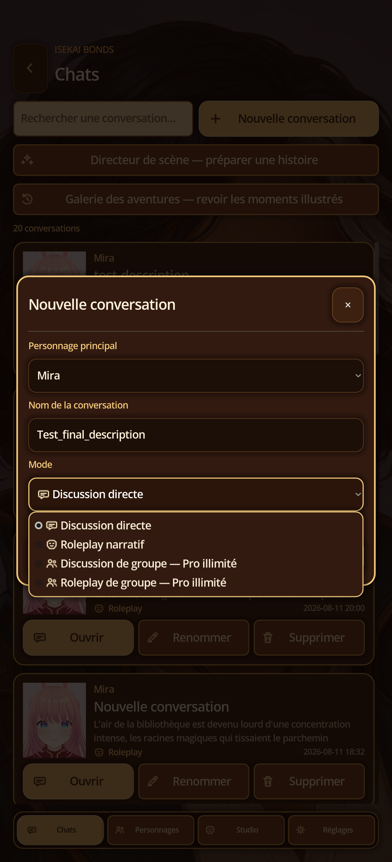 Direct menu of the four active conversation modes.