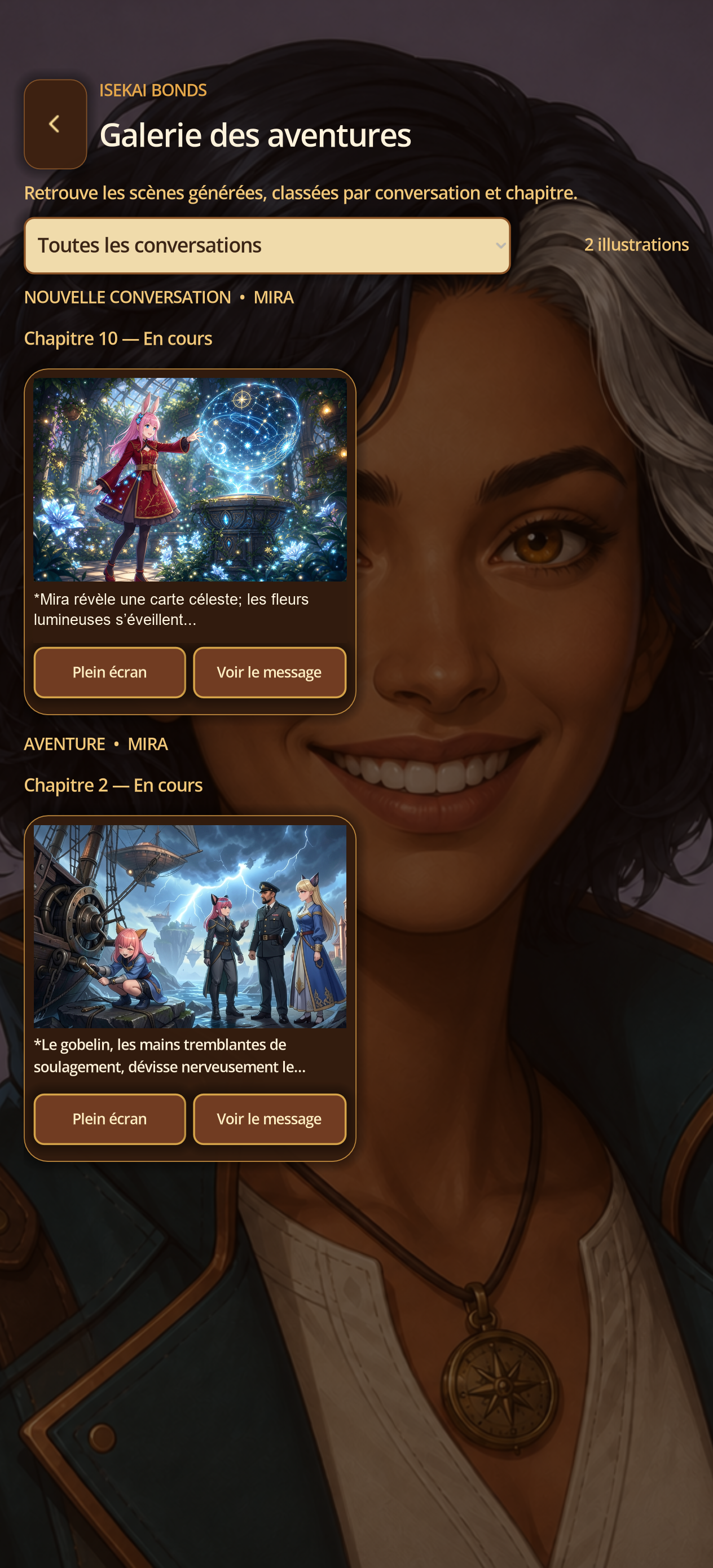 Adventure Gallery showing Mira before a luminous star map.