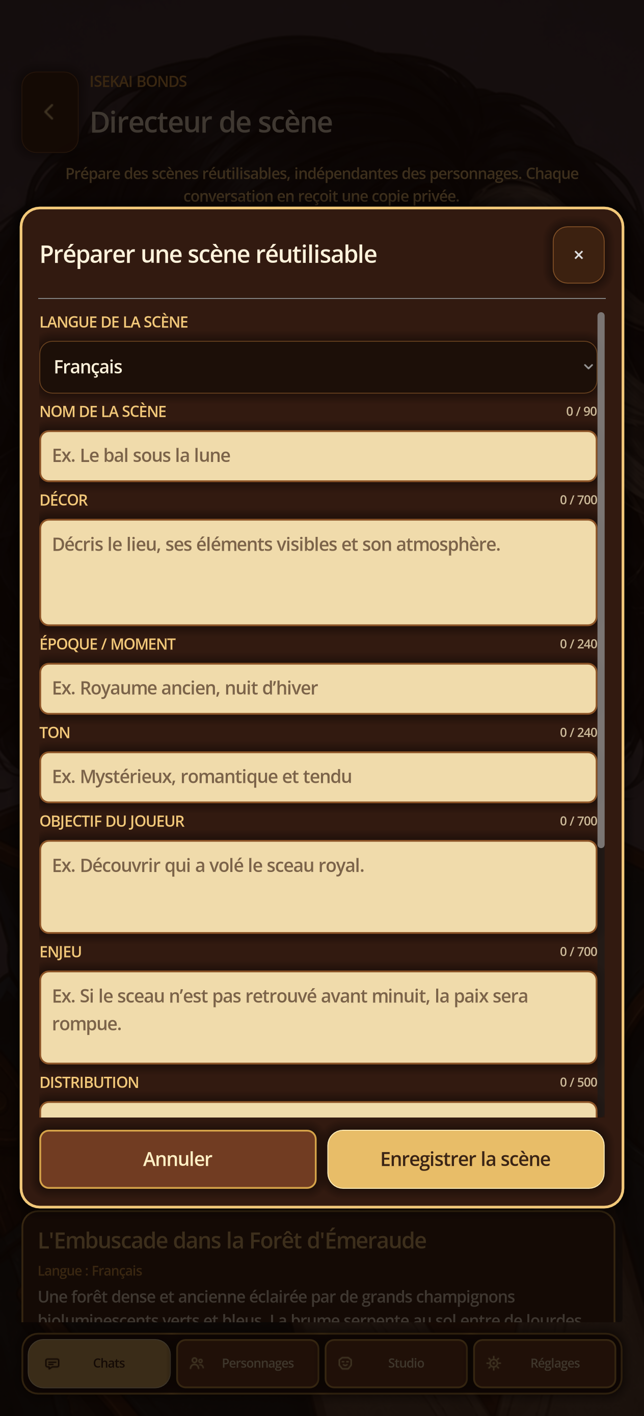 Direct form for creating a scene.