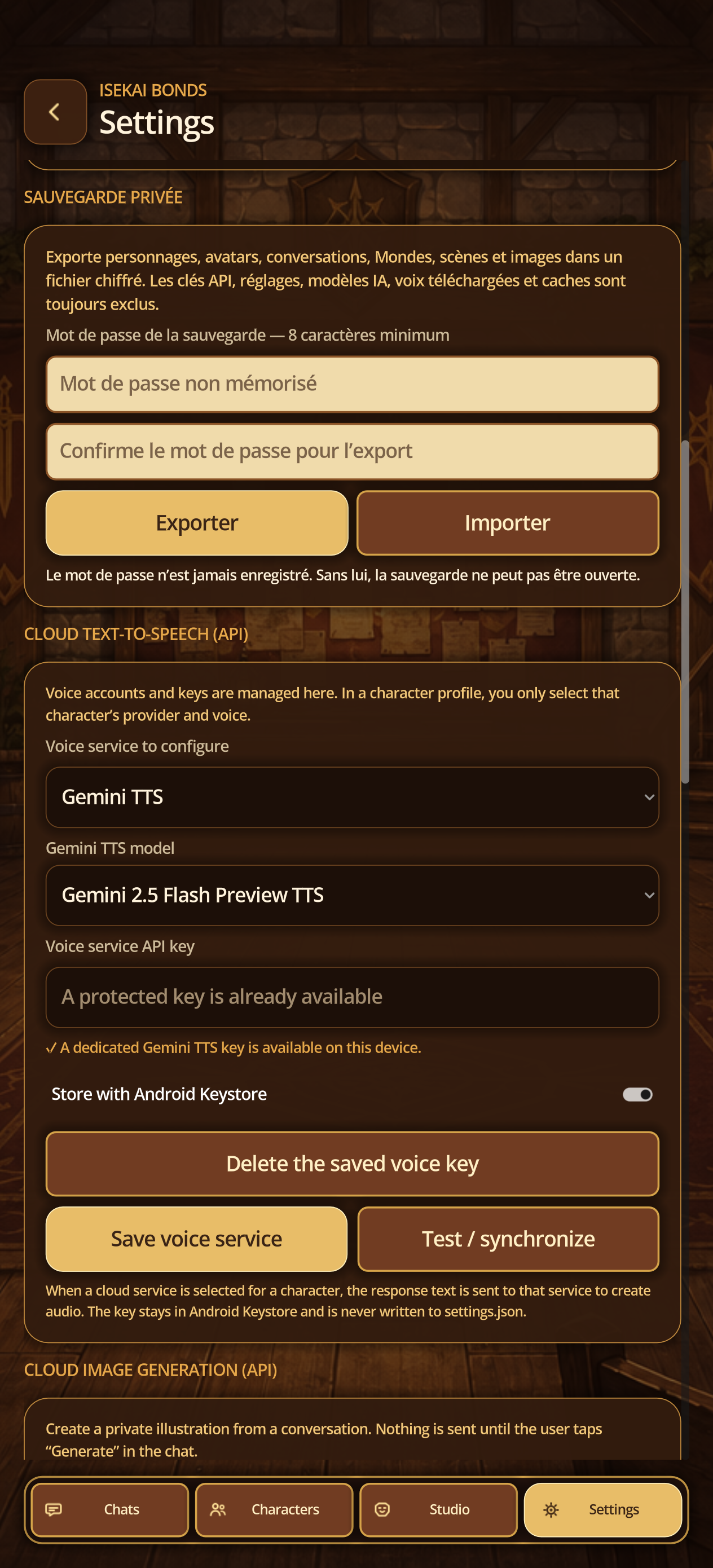 Encrypted private backup settings