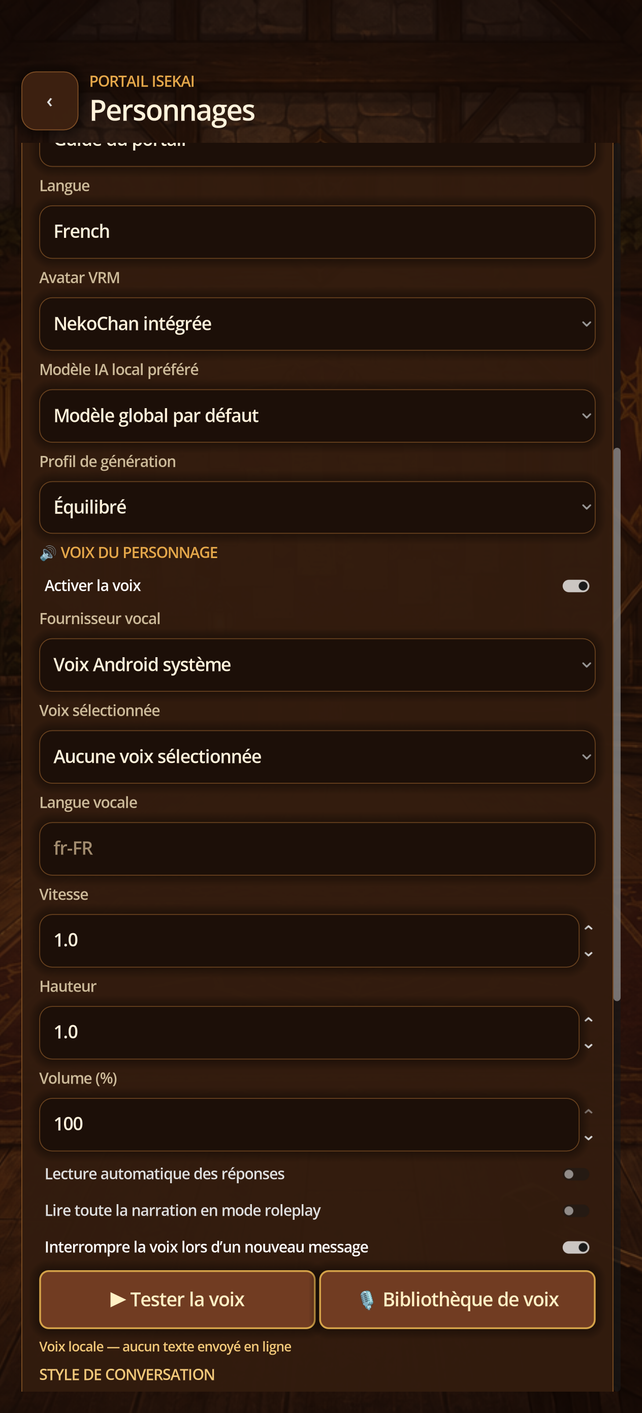Direct TTS commands of the character profile.