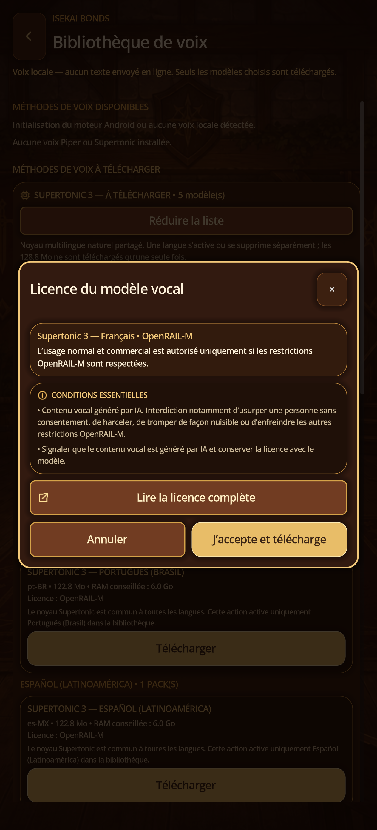 Direct French OpenRAIL-M license window before downloading Supertonic.